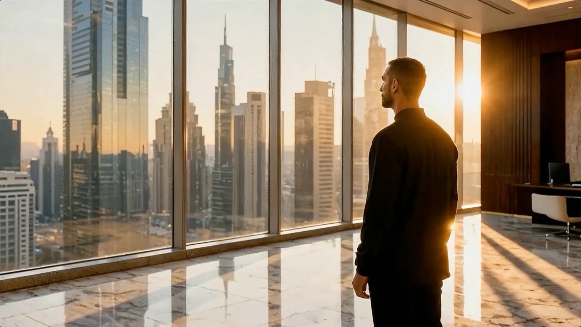 The S14 Equilibrium concept: A man stands in his apartment looking at the city skyline through a wall of glass