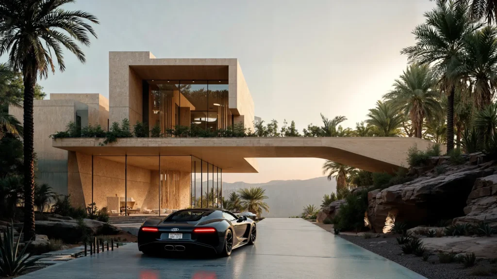 exterior image of a luxury villa with a luxury car parked outside